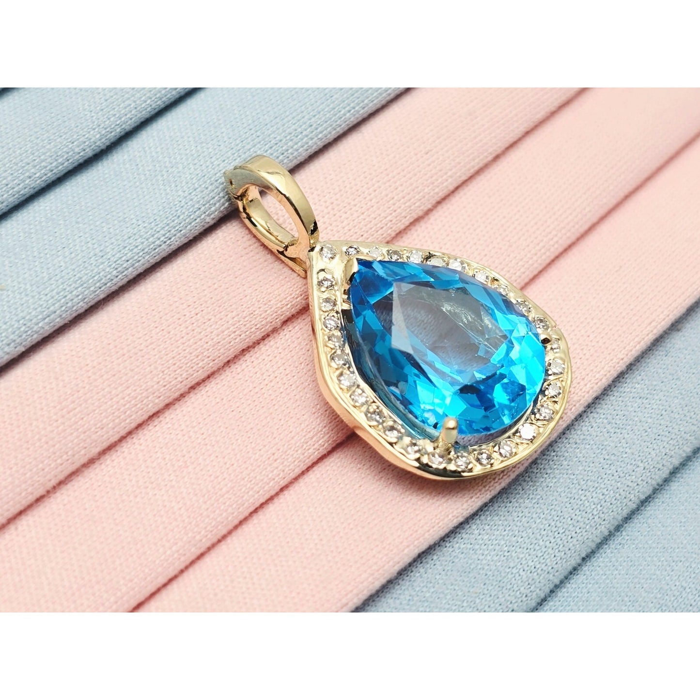 14K Yellow Gold Blue Teardrop Topaz & Diamond Drop Charm Pendant