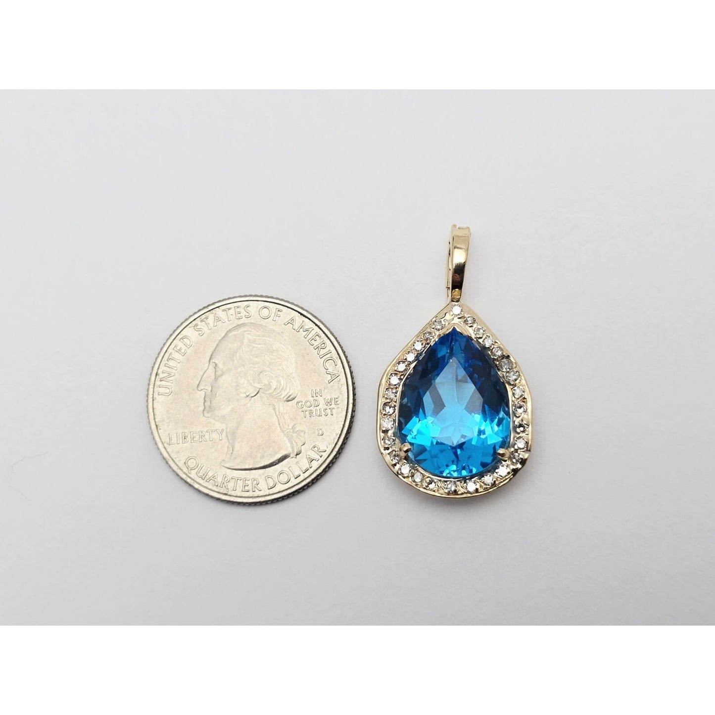14K Yellow Gold Blue Teardrop Topaz & Diamond Drop Charm Pendant