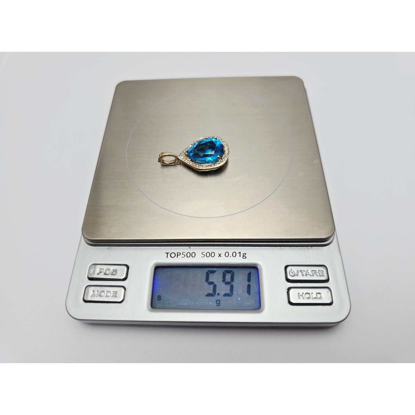 14K Yellow Gold Blue Teardrop Topaz & Diamond Drop Charm Pendant