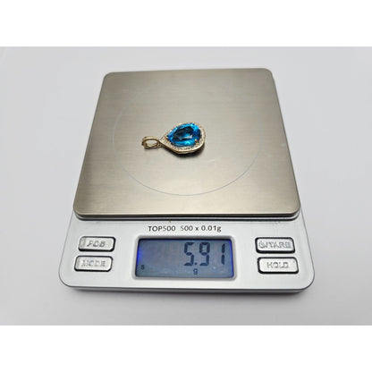 14K Yellow Gold Blue Teardrop Topaz & Diamond Drop Charm Pendant