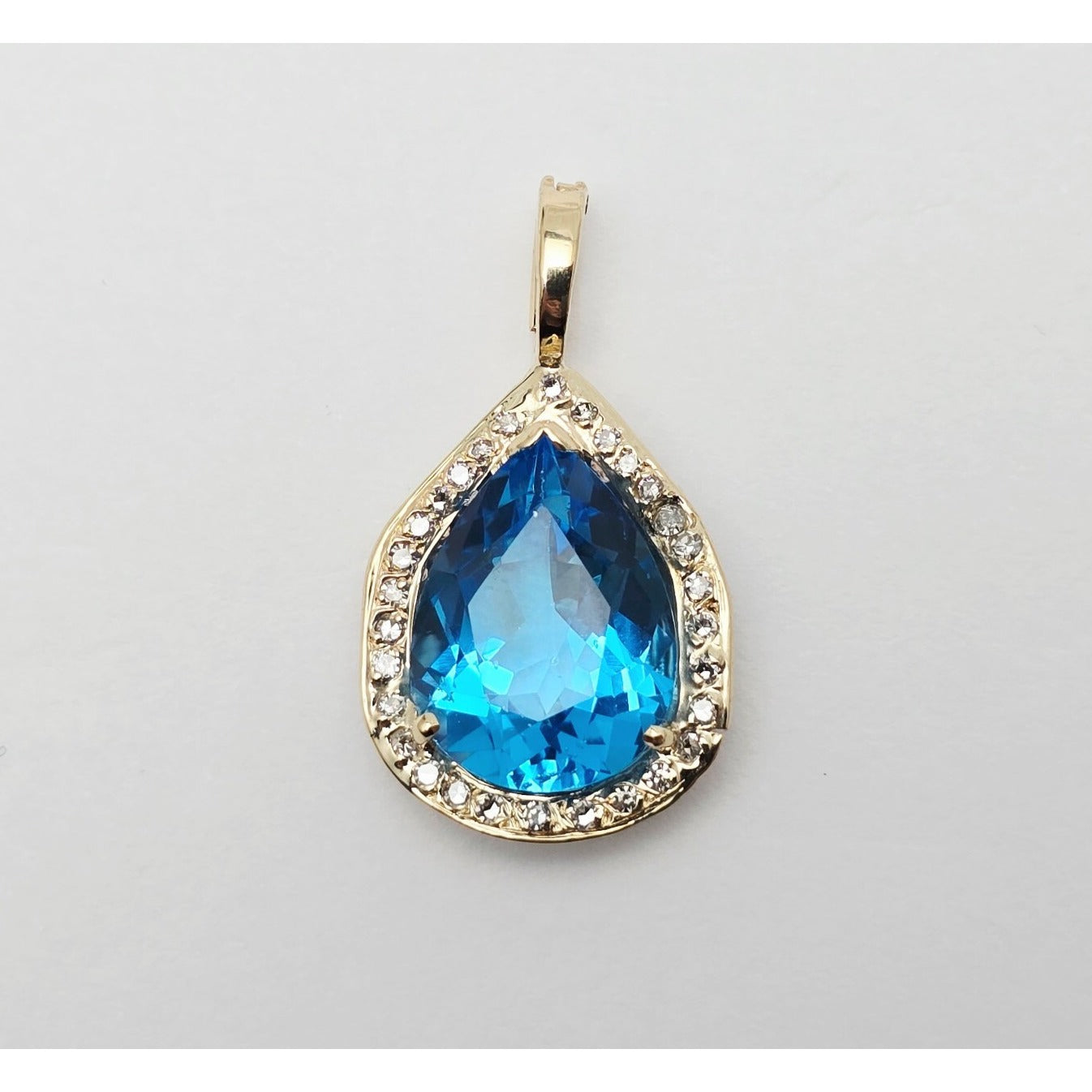 14K Yellow Gold Blue Teardrop Topaz & Diamond Drop Charm Pendant