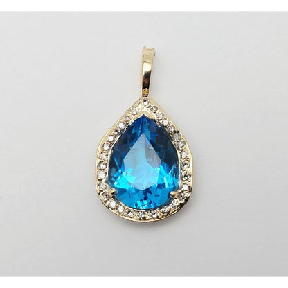 14K Yellow Gold Blue Teardrop Topaz & Diamond Drop Charm Pendant