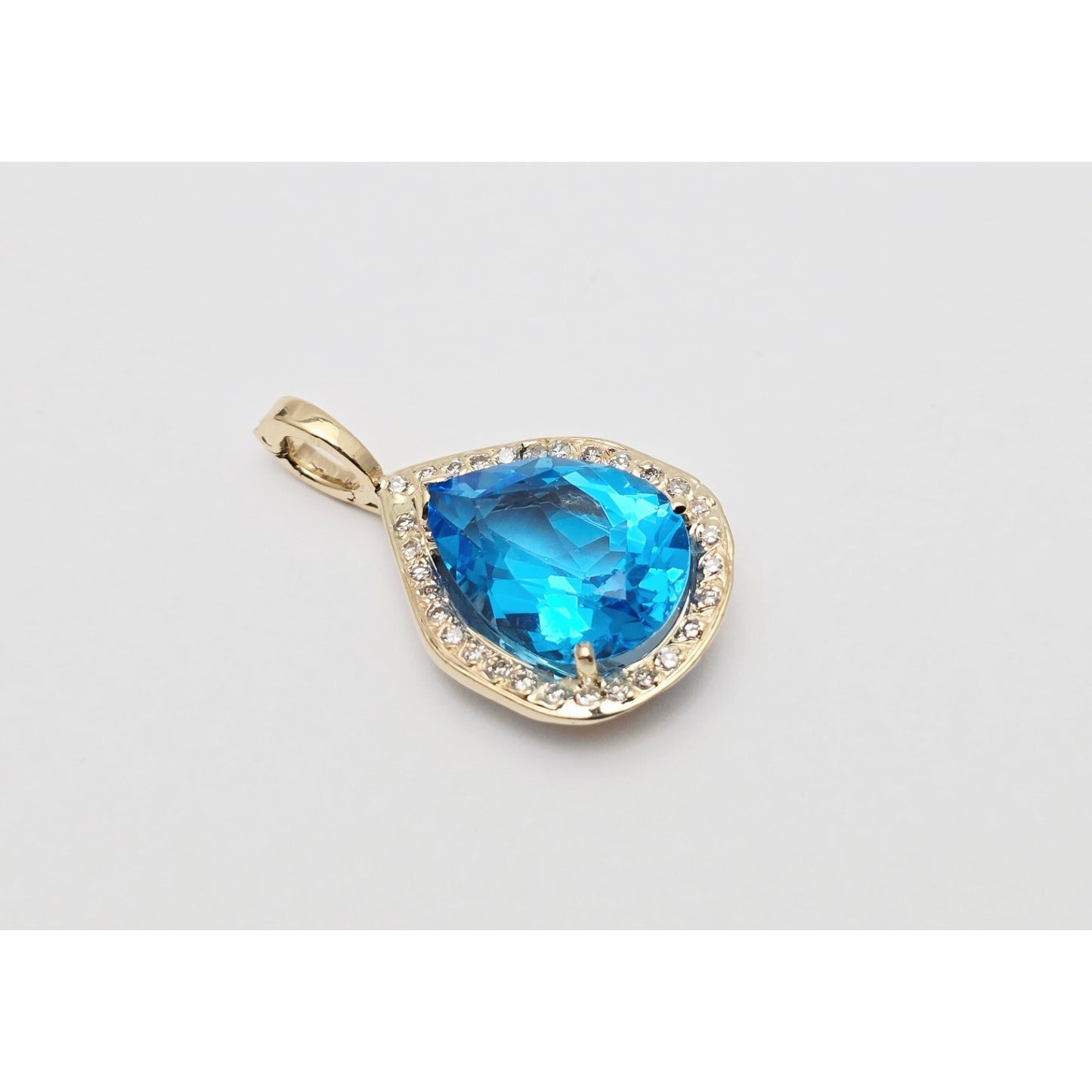14K Yellow Gold Blue Teardrop Topaz & Diamond Drop Charm Pendant