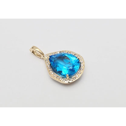 14K Yellow Gold Blue Teardrop Topaz & Diamond Drop Charm Pendant