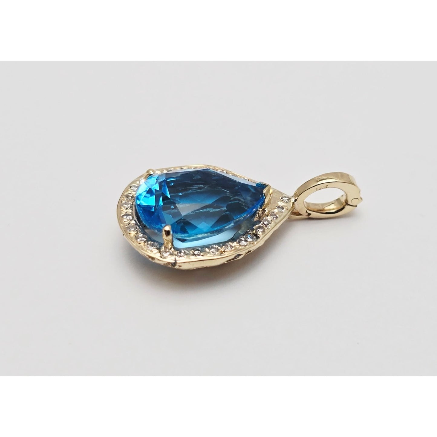 14K Yellow Gold Blue Teardrop Topaz & Diamond Drop Charm Pendant