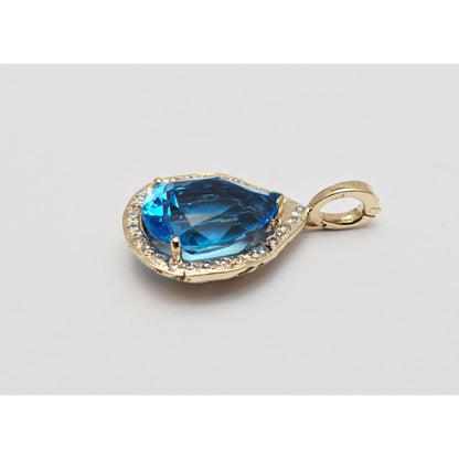 14K Yellow Gold Blue Teardrop Topaz & Diamond Drop Charm Pendant
