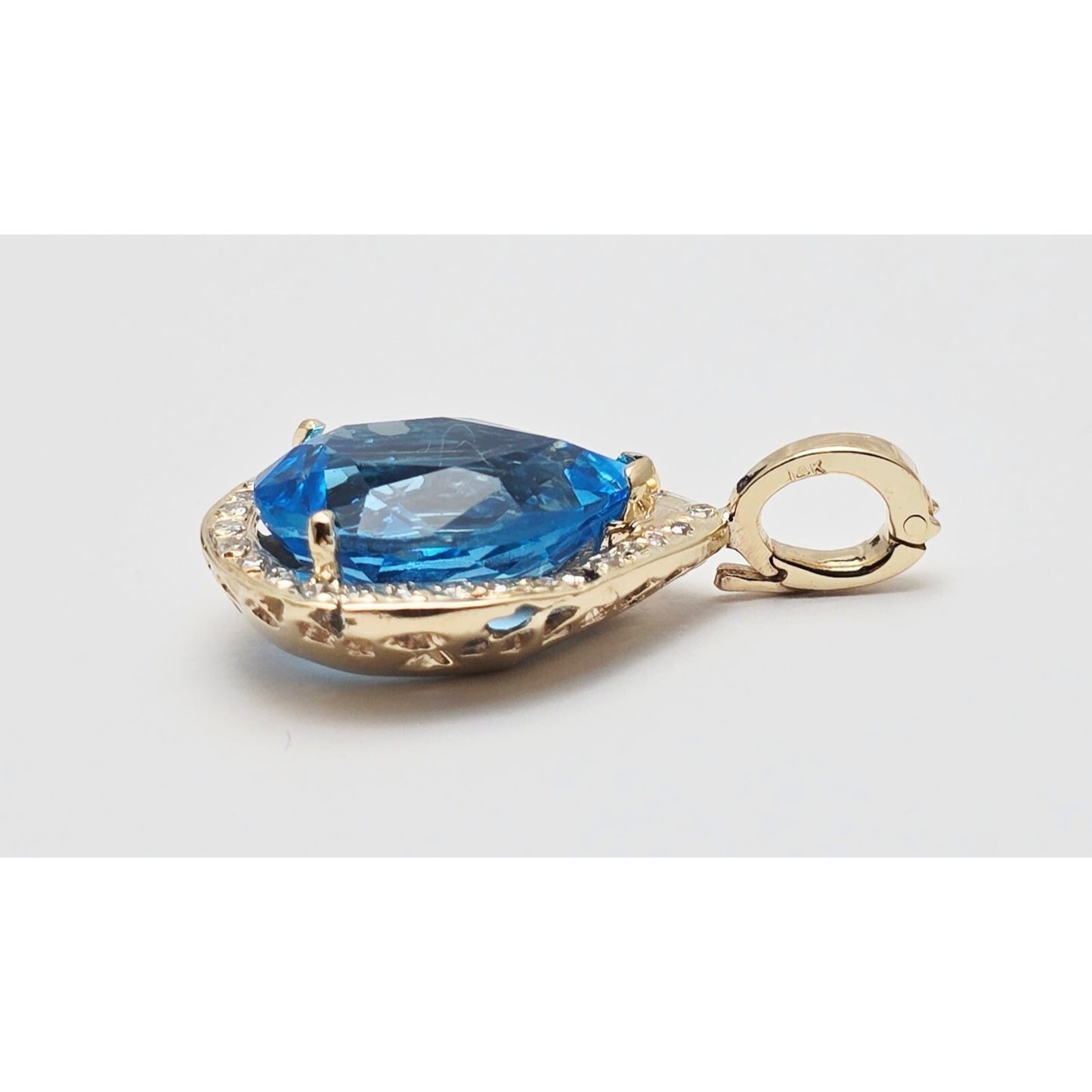 14K Yellow Gold Blue Teardrop Topaz & Diamond Drop Charm Pendant