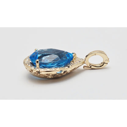 14K Yellow Gold Blue Teardrop Topaz & Diamond Drop Charm Pendant