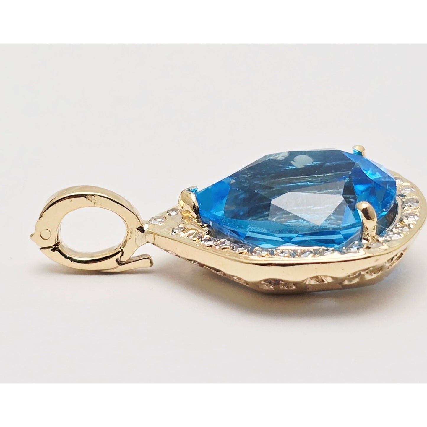 14K Yellow Gold Blue Teardrop Topaz & Diamond Drop Charm Pendant
