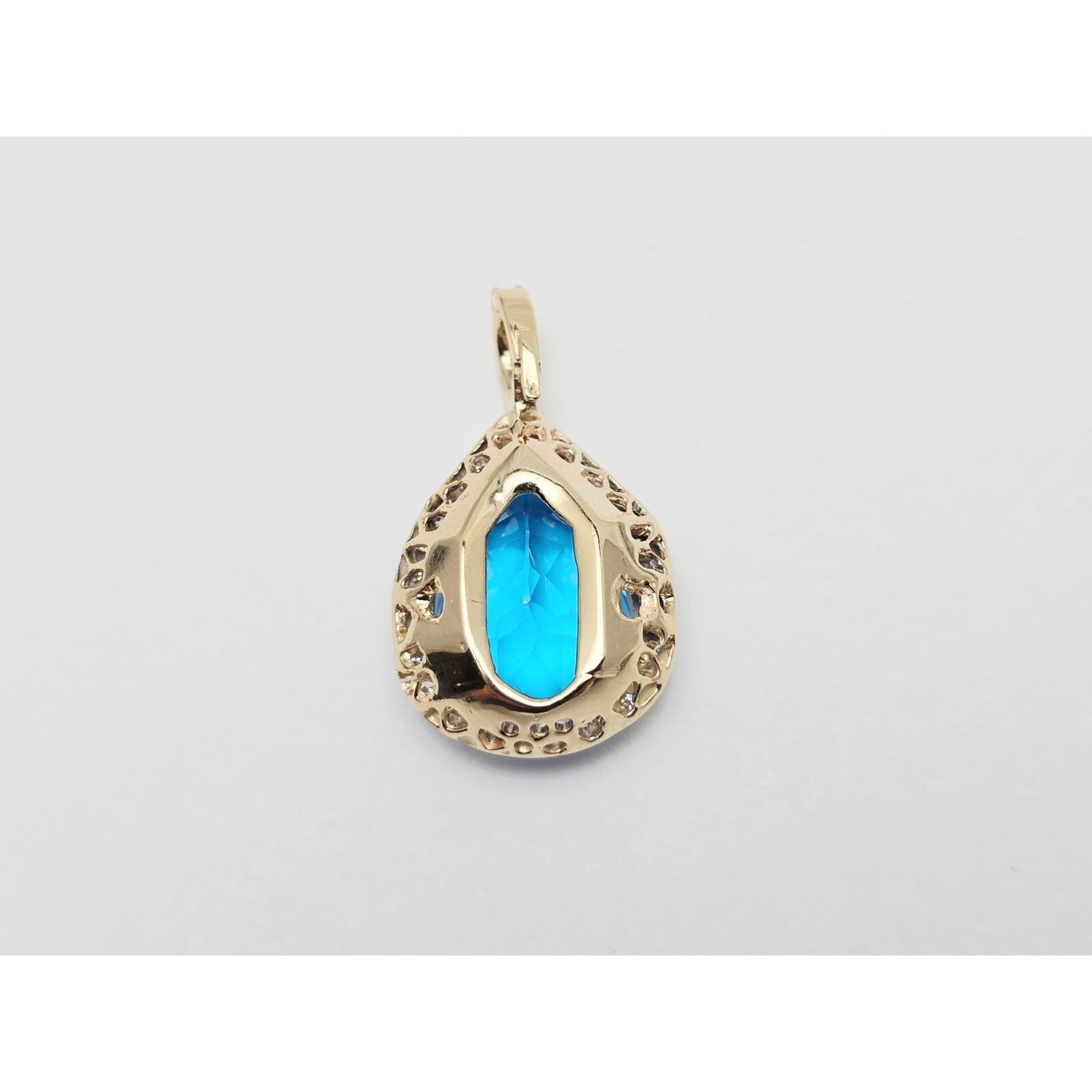 14K Yellow Gold Blue Teardrop Topaz & Diamond Drop Charm Pendant
