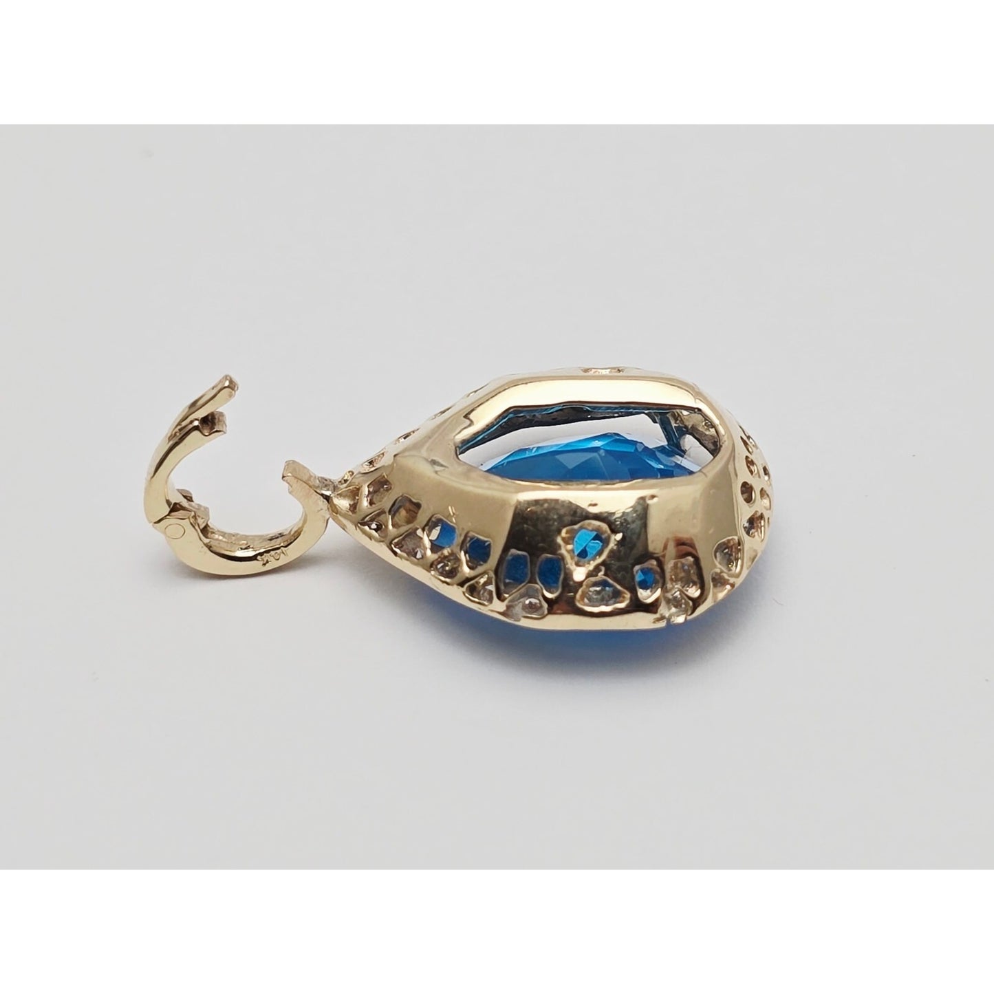 14K Yellow Gold Blue Teardrop Topaz & Diamond Drop Charm Pendant