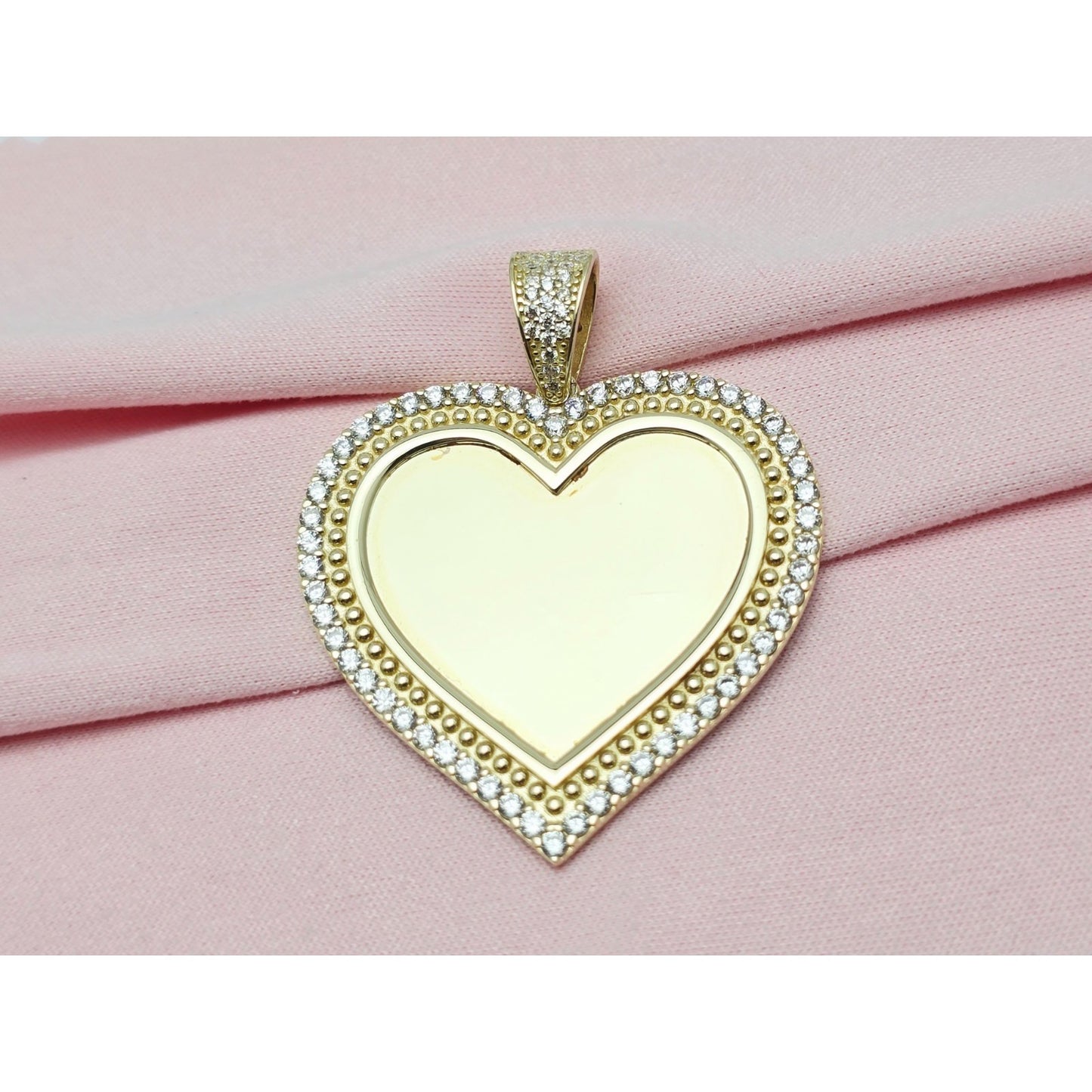 10K Yellow Gold Picture Frame Heart CZ Charm Pendant