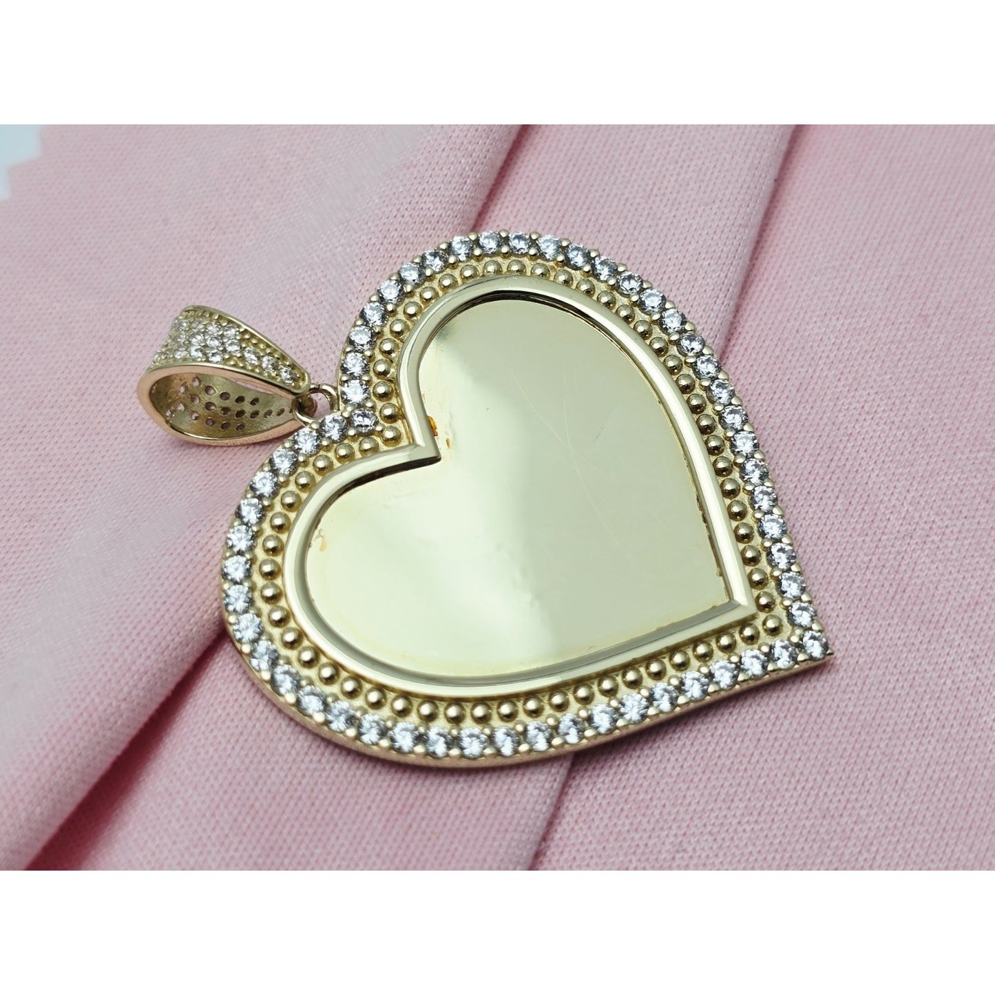 10K Yellow Gold Picture Frame Heart CZ Charm Pendant