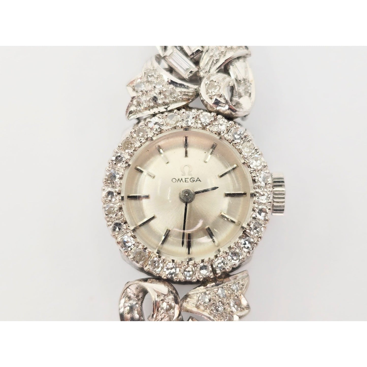 Vintage Omega 484 17J Diamond & 8K White Gold Mechanical Watch Movement & Dial