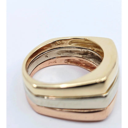 14K Tri Tone Gold Triple Row Wide Wedding Band Ring