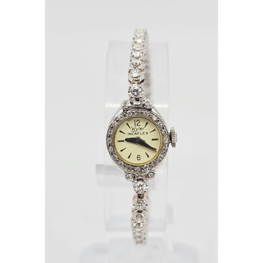 Vintage Wyler Incaflex 14K White Gold Diamond Ladies Cocktail Watch 2.3CT