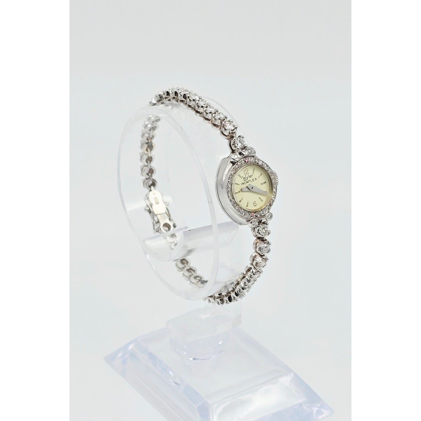 Vintage Wyler Incaflex 14K White Gold Diamond Ladies Cocktail Watch 2.3CT