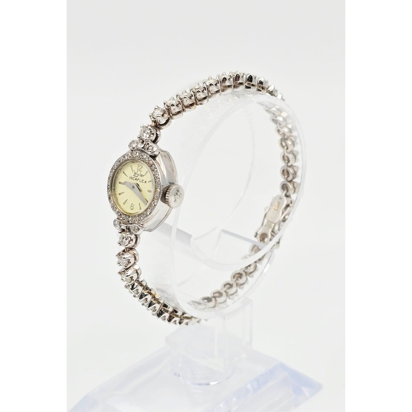 Vintage Wyler Incaflex 14K White Gold Diamond Ladies Cocktail Watch 2.3CT