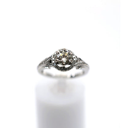 14K White Gold 0.80ct Round Diamond Halo Split Shank Engagement Ring