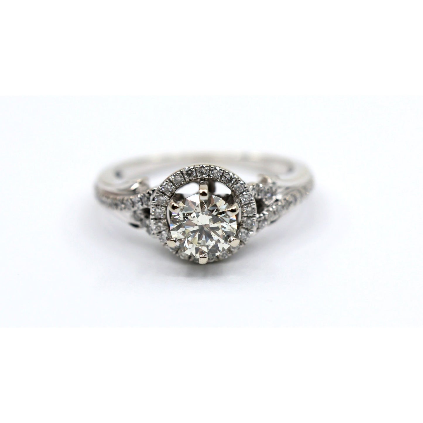 14K White Gold 0.80ct Round Diamond Halo Split Shank Engagement Ring
