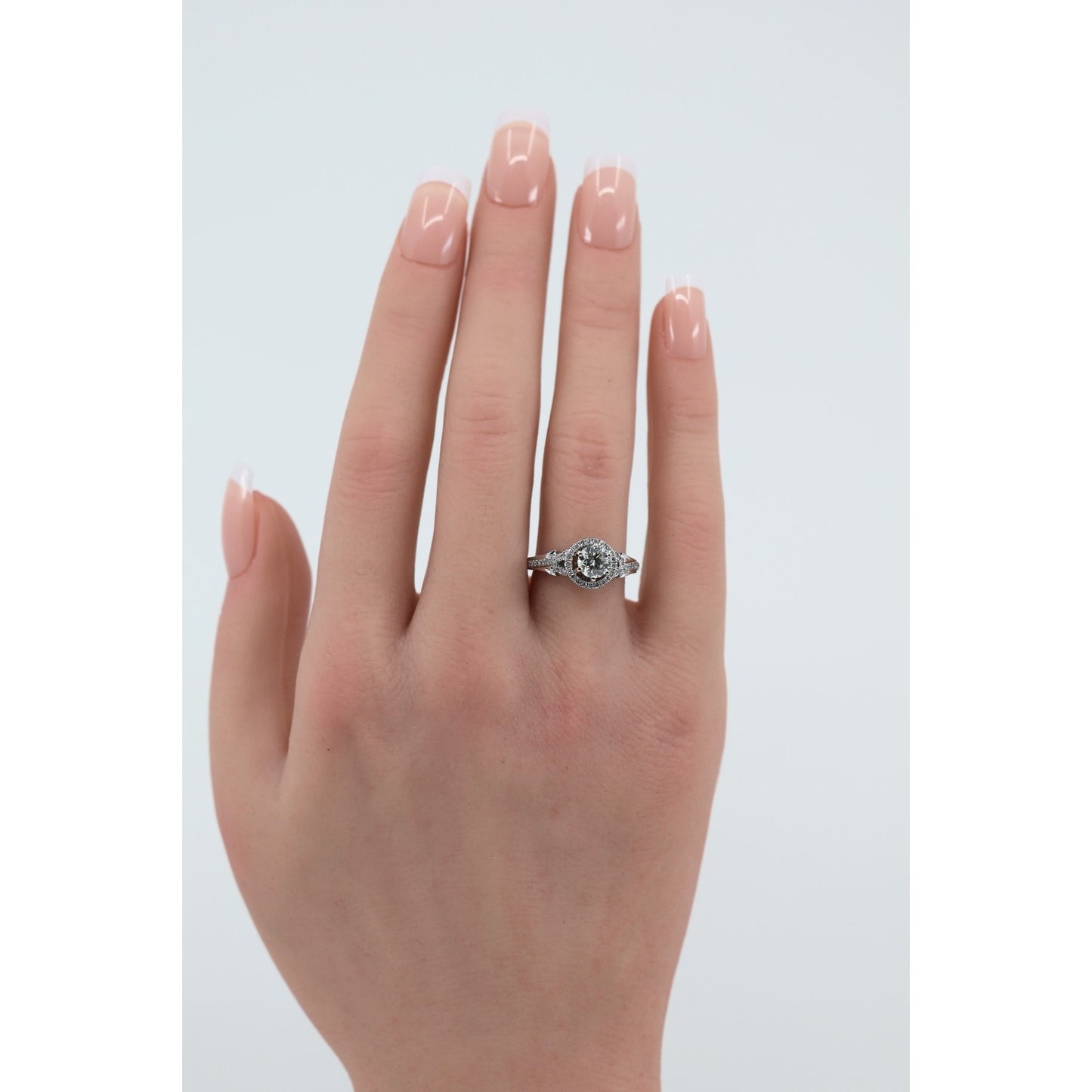 14K White Gold 0.80ct Round Diamond Halo Split Shank Engagement Ring