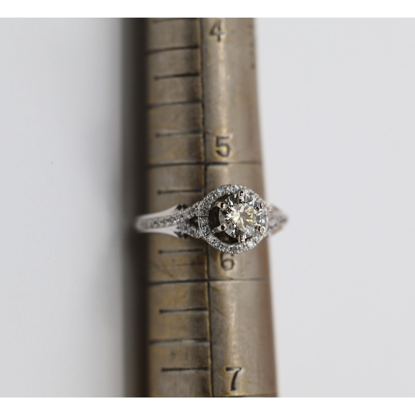 14K White Gold 0.80ct Round Diamond Halo Split Shank Engagement Ring