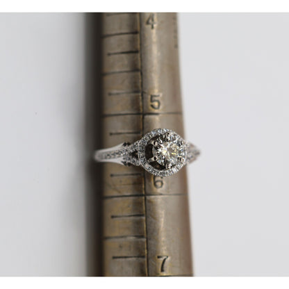 14K White Gold 0.80ct Round Diamond Halo Split Shank Engagement Ring