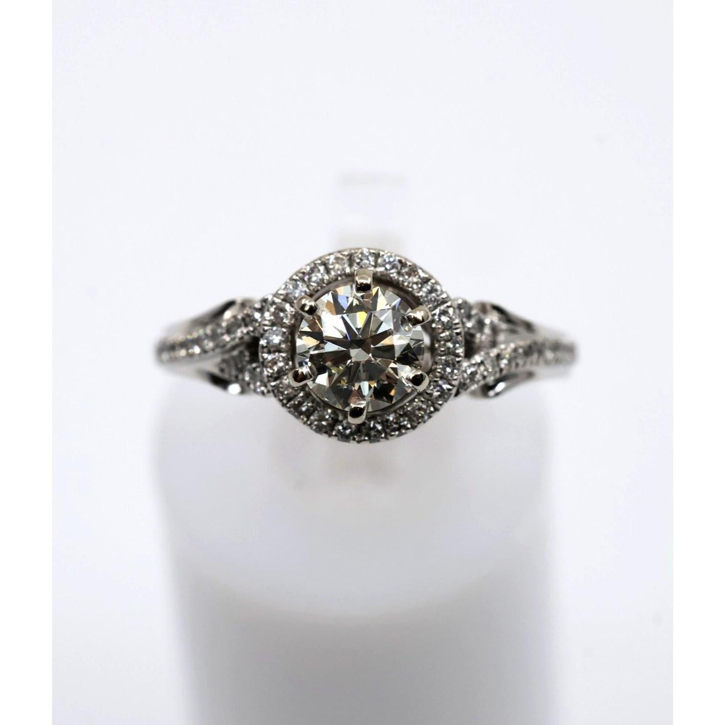 14K White Gold 0.80ct Round Diamond Halo Split Shank Engagement Ring