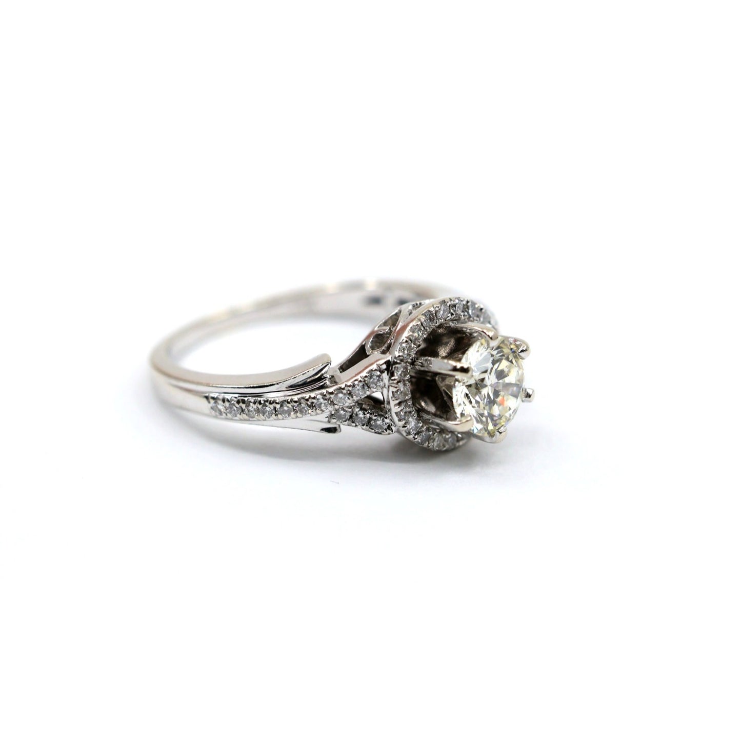 14K White Gold 0.80ct Round Diamond Halo Split Shank Engagement Ring