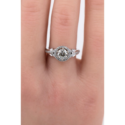 14K White Gold 0.80ct Round Diamond Halo Split Shank Engagement Ring
