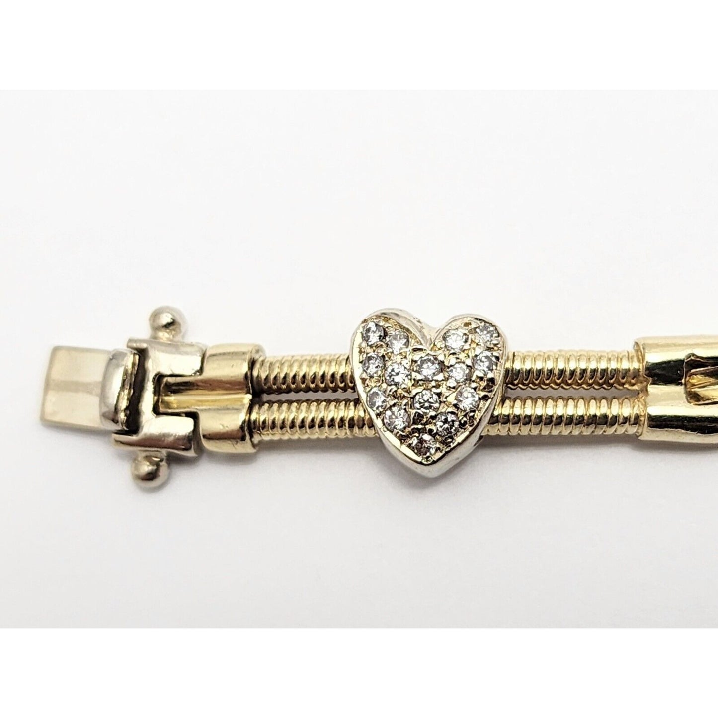 14K Two Tone Gold Diamond Motion Heart Link Bracelet