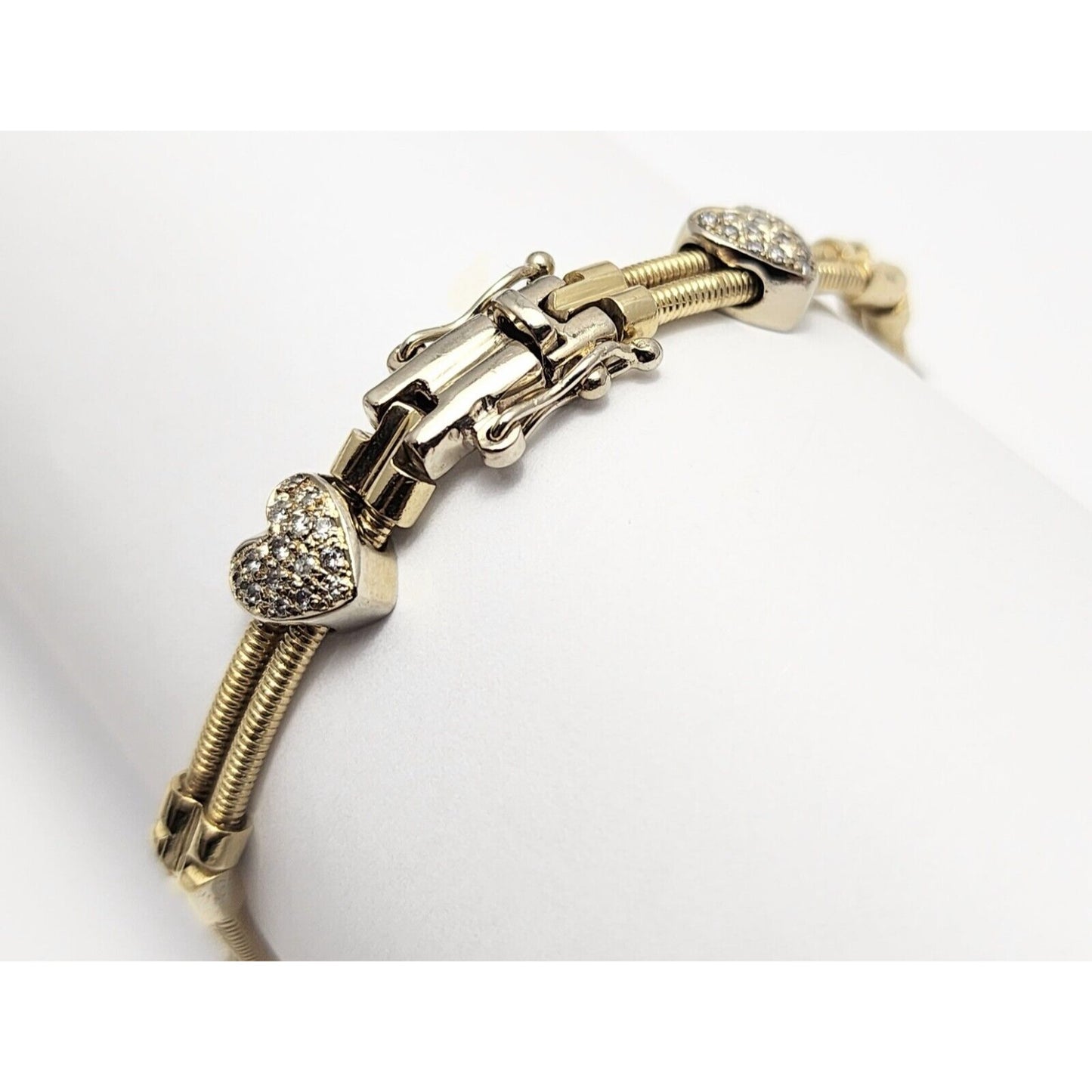 14K Two Tone Gold Diamond Motion Heart Link Bracelet