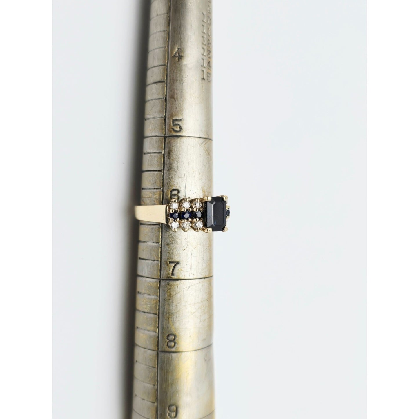 14K Yellow Gold Emerald Cut Sapphire & Round Diamond Ring