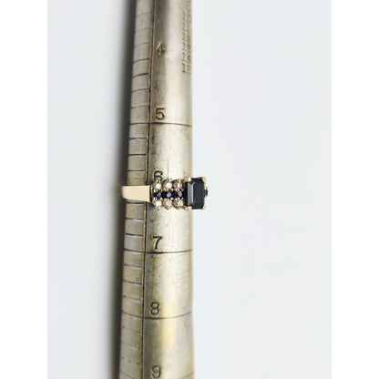 14K Yellow Gold Emerald Cut Sapphire & Round Diamond Ring