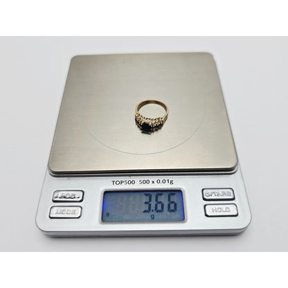 14K Yellow Gold Emerald Cut Sapphire & Round Diamond Ring