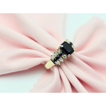 14K Yellow Gold Emerald Cut Sapphire & Round Diamond Ring