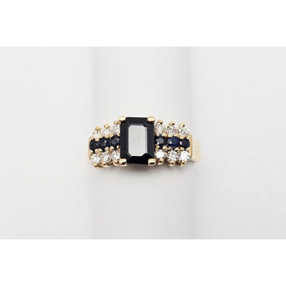14K Yellow Gold Emerald Cut Sapphire & Round Diamond Ring