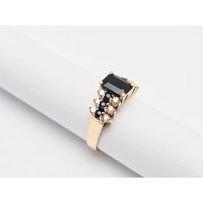 14K Yellow Gold Emerald Cut Sapphire & Round Diamond Ring