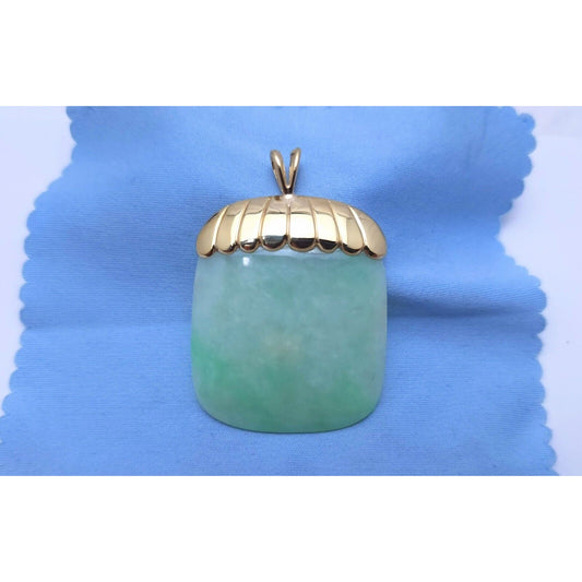 14K Yellow Gold Green Jadeite Jade Flat Charm Pendant