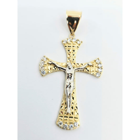 14K Two Tone Gold Diamond Cut Jesus on Cross CZ Charm Pendant