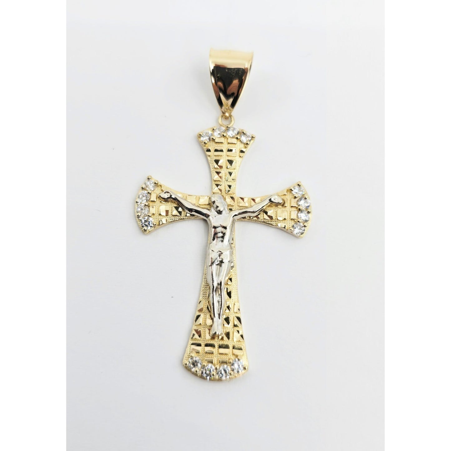 14K Two Tone Gold Diamond Cut Jesus on Cross CZ Charm Pendant