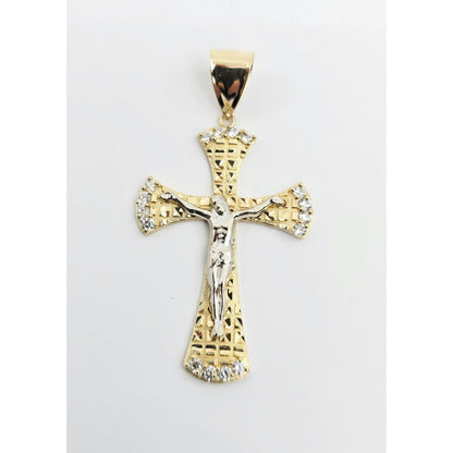 14K Two Tone Gold Diamond Cut Jesus on Cross CZ Charm Pendant