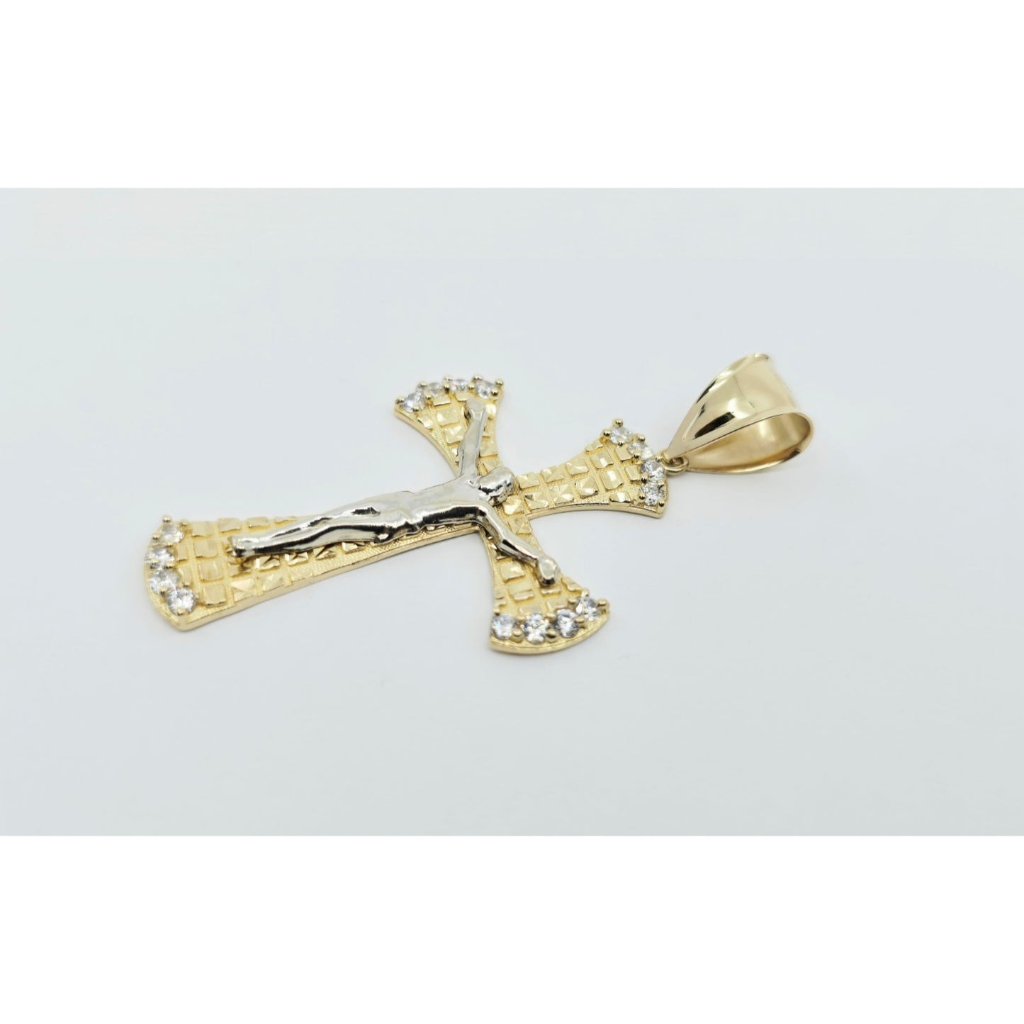 14K Two Tone Gold Diamond Cut Jesus on Cross CZ Charm Pendant