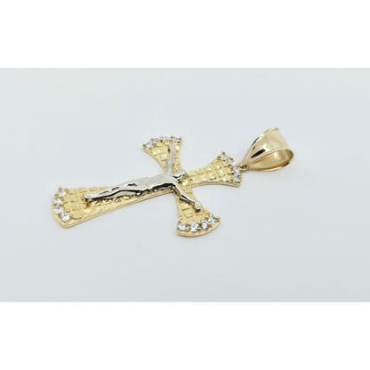 14K Two Tone Gold Diamond Cut Jesus on Cross CZ Charm Pendant