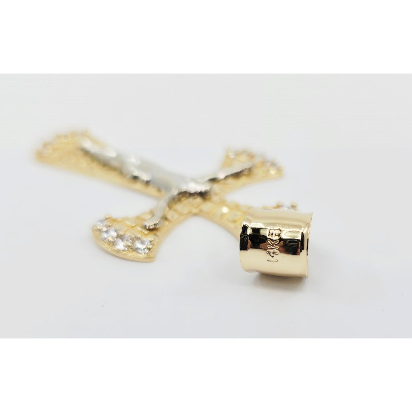 14K Two Tone Gold Diamond Cut Jesus on Cross CZ Charm Pendant
