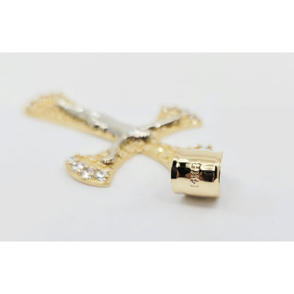 14K Two Tone Gold Diamond Cut Jesus on Cross CZ Charm Pendant