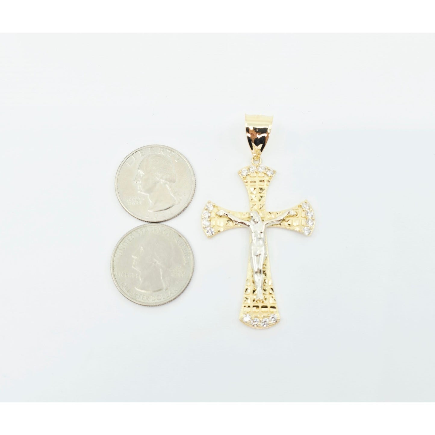 14K Two Tone Gold Diamond Cut Jesus on Cross CZ Charm Pendant