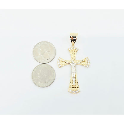 14K Two Tone Gold Diamond Cut Jesus on Cross CZ Charm Pendant