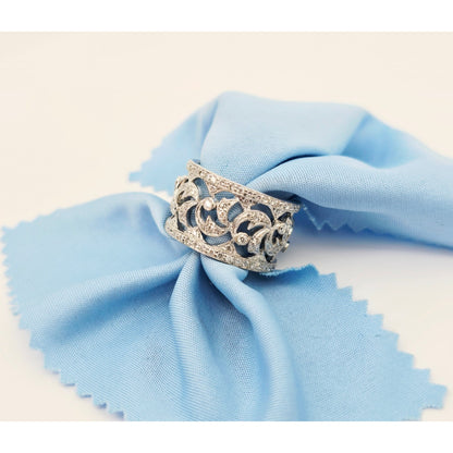 18K White Gold Floral Design Diamond Wide Band Ring