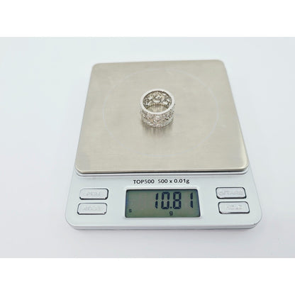18K White Gold Floral Design Diamond Wide Band Ring